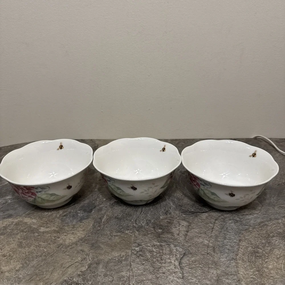3 LENOX Butterfly Meadow Hydrangea Rice Bowl Scalloped Edge Bowls Spring EUC